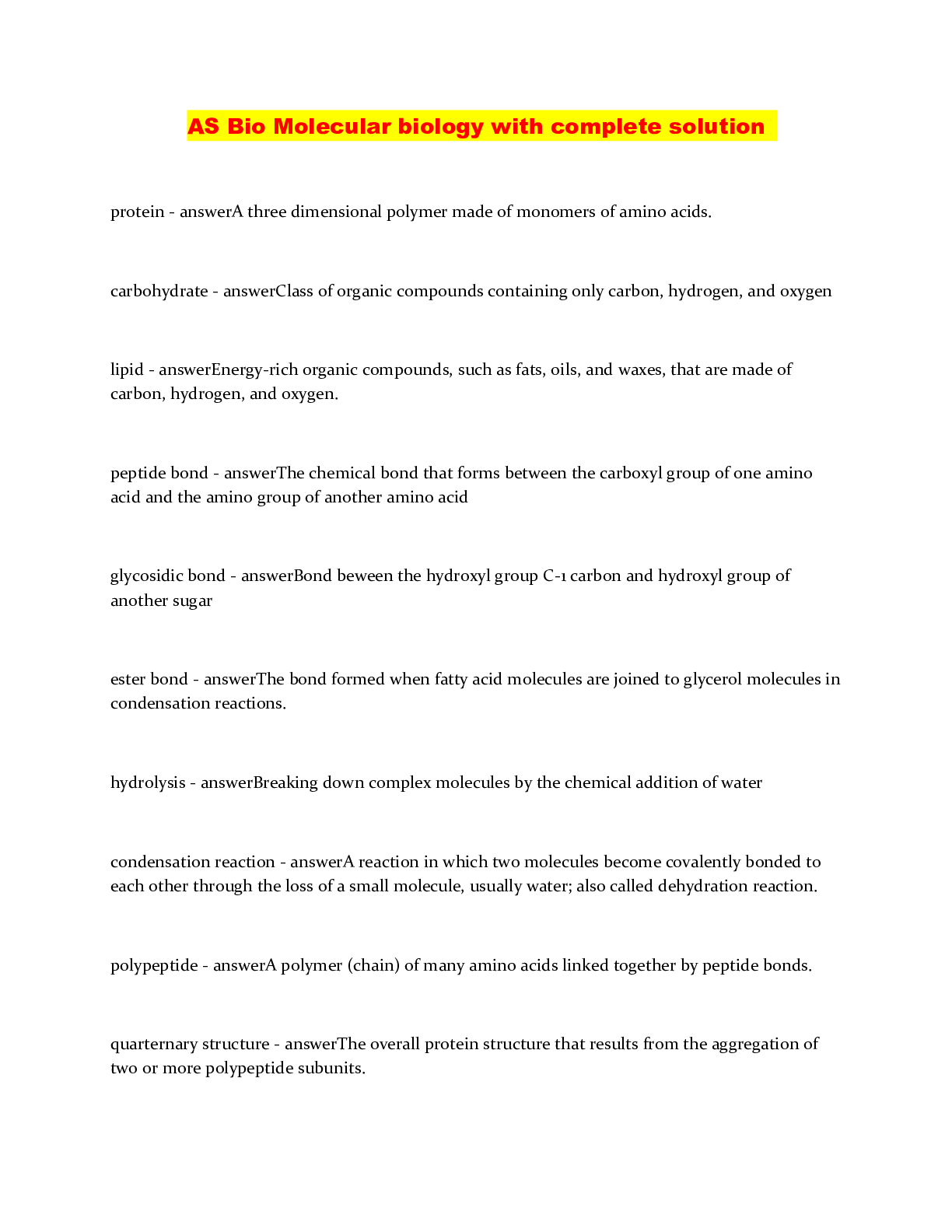 AS Bio Molecular biology with complete solution Browsegrades